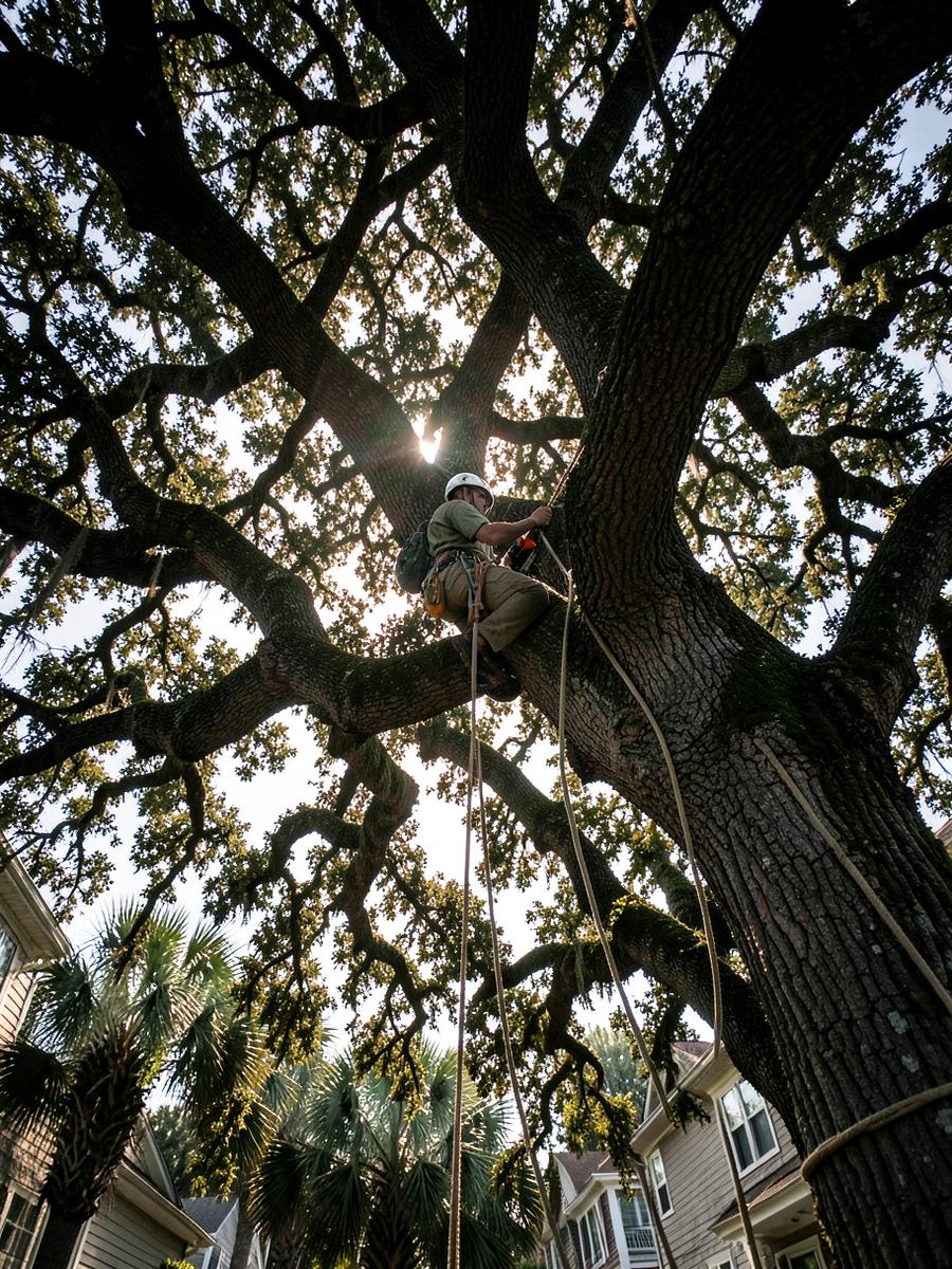 Climber high in a large live oak with rigging ropes