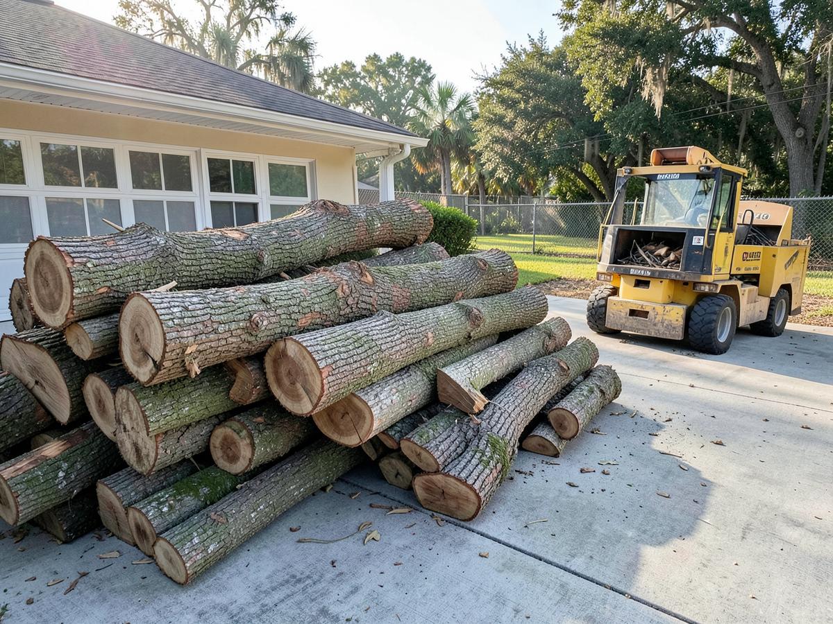 Cut oak logs stacked on a driveway beside equipment