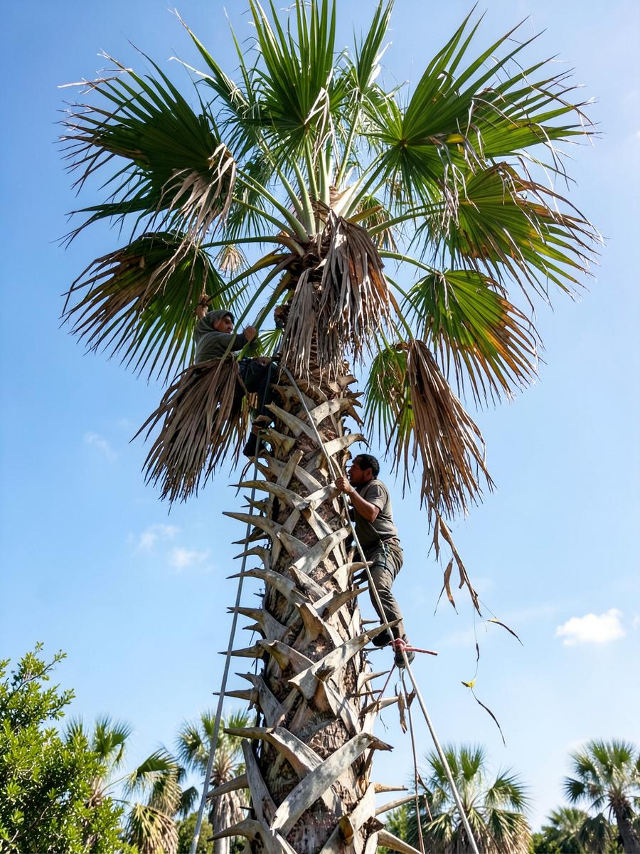 Palm being trimmed by a climber