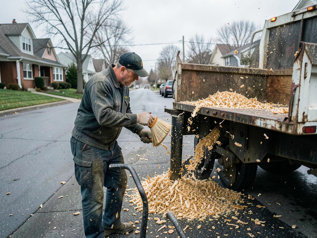 Brush and wood chips being cleaned up from a residential street