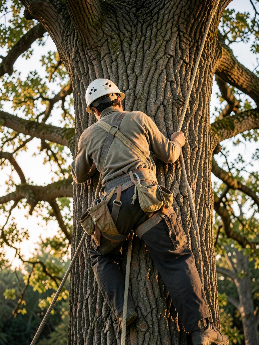 Climber ascending a thick oak trunk on rope in warm evening light