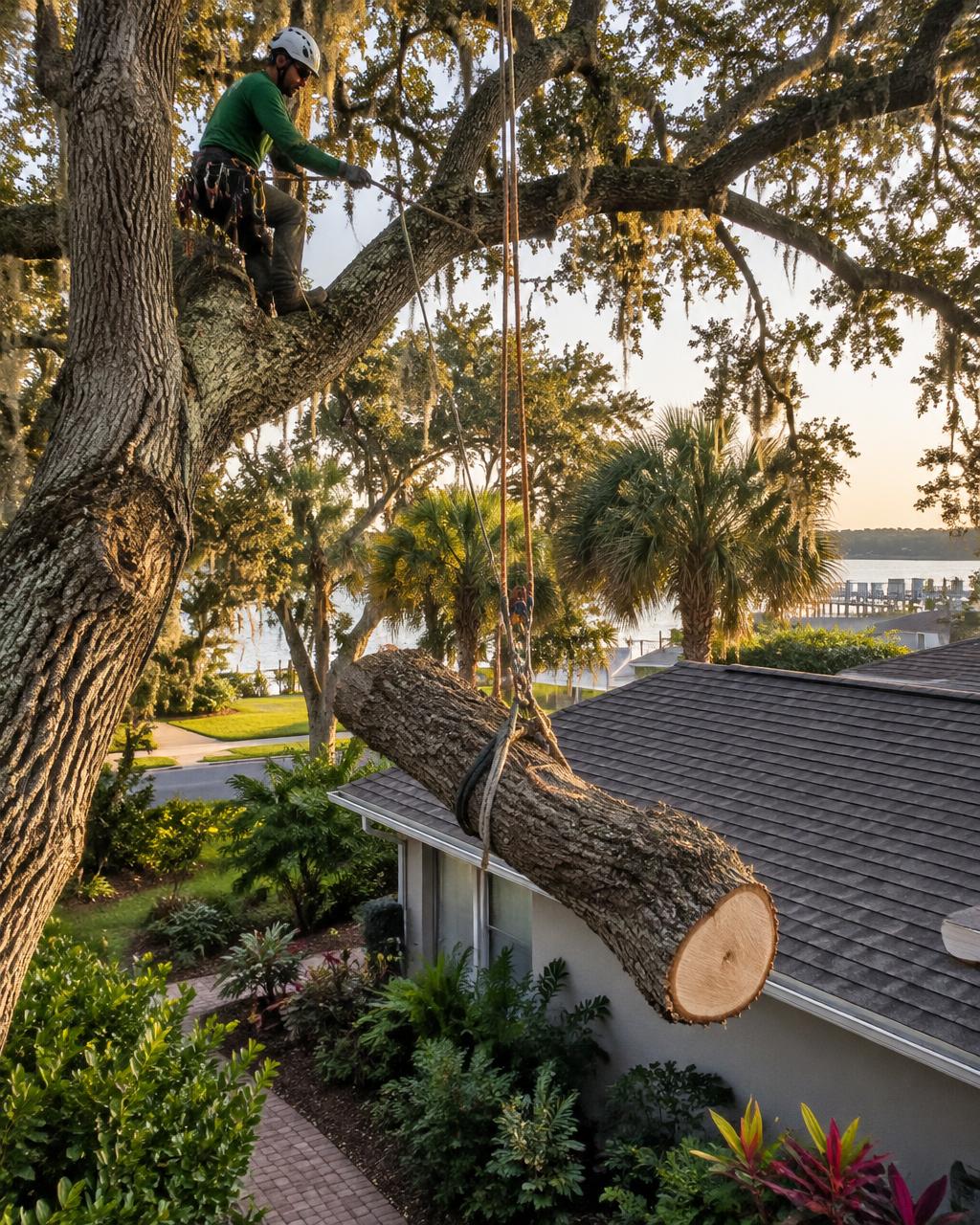 Heavy oak limb being lowered on a rigging rope over a roof and garden beds